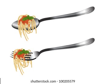 Spoon and fork with pasta, ketchup and basil