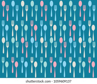 Spoon and fork in pastel colour on blue background, illustration, vector of kitchen theme background.