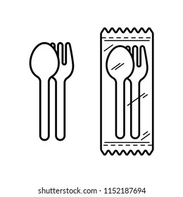 Spoon and Fork with plastic package. Disposable food packaging. Simple design, stroke outline style. Line vector. Isolate on white background.