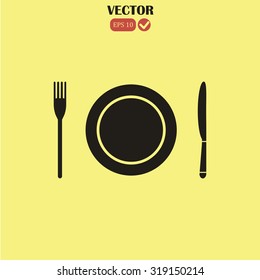 The spoon, fork and plate. Cooking symbol.