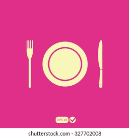 The spoon, fork and plate. Cooking symbol.