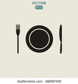 The spoon, fork and plate. Cooking symbol.