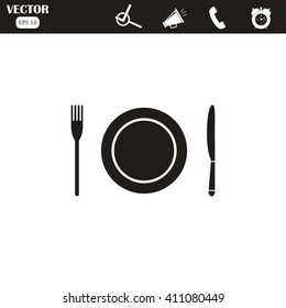 The spoon, fork and plate. Cooking symbol.