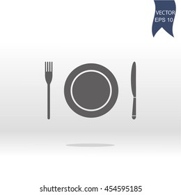 The spoon, fork and plate. Cooking symbol.