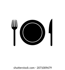 Spoon fork plate icon logo. Vector meal dish knife dinner food illustration icon