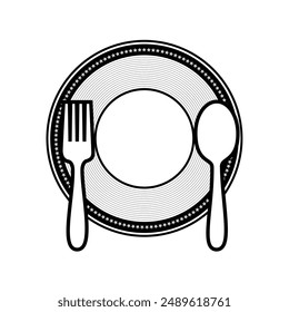 Spoon, fork, and plate icon model. Editable menu logo of cutlery. Tableware vector illustration with white background. Restaurant dining table equipment