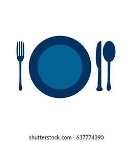 Spoon, fork, plate, knife icon. Flat design. Vector illustration. Blue and white