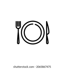 Spoon, fork and plate line icon. Editable stroke. Minimal kitchen illustration. Kitchen utensil pictogram.