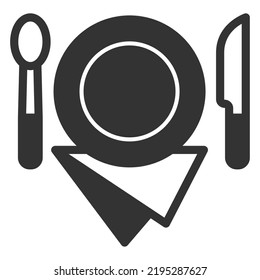 Spoon, fork, plate and napkin, table setting - icon, illustration on white background, glyph style