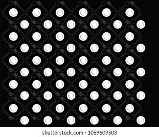 Spoon, fork and plate on black background, illustration, vector of kitchen theme background.