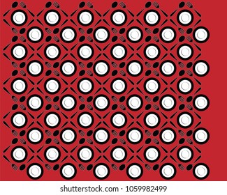Spoon, fork and plate on red background, illustration, vector of kitchen theme background.