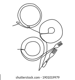 Spoon, fork and plate on the table isolated on white background - Continuous one line drawing