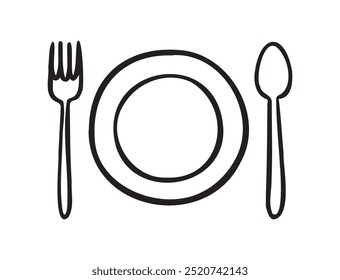Colher, Garfo e Prato para Menu Restaurante. Configuração da tabela Ícones desenhados à mão Doodle. Ilustração vetorial