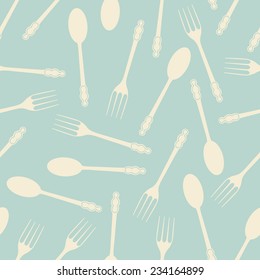 Spoon and fork retro seamless pattern. Blue background