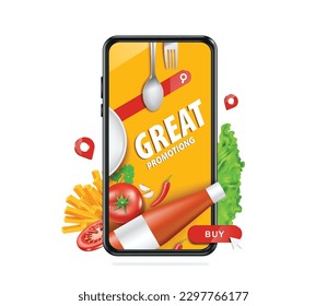 spoon, fork, sauce bottle, tomato, garlic, chili, empty plate Placed on smartphone screen with text great promotion and food buy order button below ,vector 3d for food delivery advertising design