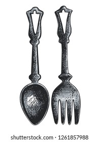 
Spoon and fork. Set of two flatware .Vector vintage illustration.Isolated objects on white background.