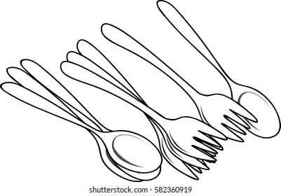 spoon and fork set in vector line art