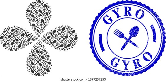 Spoon and fork swirl flower shape, and blue round GYRO corroded watermark with icon inside. Element flower done from oriented spoon and fork items. Vector flower collage in flat style.