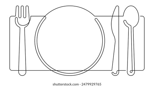 spoon fork table knife place mat continuous line art copy space vector