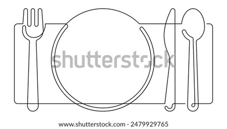spoon fork table knife place mat continuous line art copy space vector