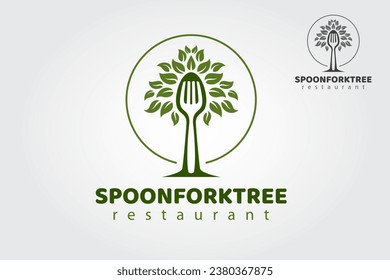 Spoon Fork Tree Restaurant Vector Logo Illustration. Creative food logo elements design with spoon, fork and tree. Creative Organic Food Logo Template.
