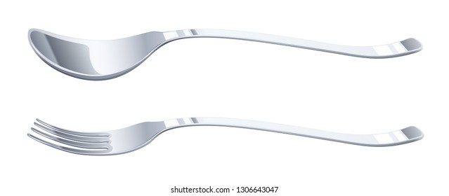Spoon and fork. Utensils for food. Tableware for restaurant. Metal kitchenware. Silverware set. Isolated white background. Eps10 vector illustration.