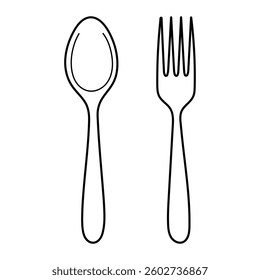Spoon and fork vector illustration. Hand-drawn doodle cutlery icons for kitchen, cooking, and dining. Black line art isolated on white background.