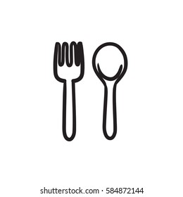 Spoon and fork vector sketch icon isolated on background. Hand drawn Spoon and fork icon. Spoon and fork sketch icon for infographic, website or app.