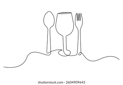 Spoon, fork, and wine glass continuous one line drawing.