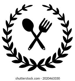 Spoon, fork within lorber wreath, kitchenware, flatware, symbol, vector, illustration, in black and white color, isolated on white background  
  