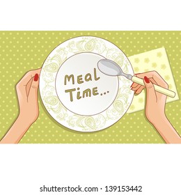 Spoon in hand on the background with plate