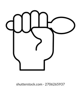 Spoon in hand thin line icon, cutlery concept. Vector graphics. Hand with metallic spoon sign on white background, outline style icon for mobile or web design