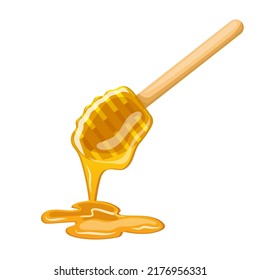 spoon honey cartoon. wooden dipper, stick wood liquid drop spoon honey vector illustration