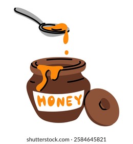 spoon with Honey and a clay container. spoon with honey drips into an open pottery bowl with a signature. An isolated illustration for food. The taste of honey, an ingredient for additives in dishes