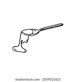A spoon with honey dripping on it is drawn in black and white