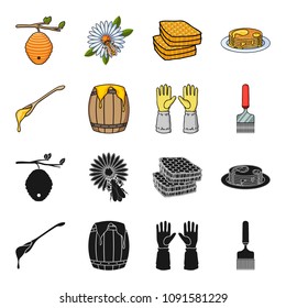 A spoon of honey, protective gloves, a barrel of honey, a fork.Apiary set collection icons in black,cartoon style vector symbol stock illustration web.