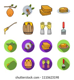 A spoon of honey, protective gloves, a barrel of honey, a fork.Apiary set collection icons in cartoon,flat style vector symbol stock illustration web.