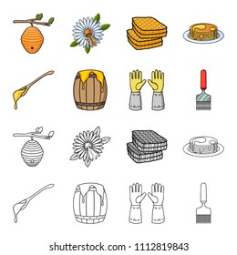 A spoon of honey, protective gloves, a barrel of honey, a fork.Apiary set collection icons in cartoon,outline style vector symbol stock illustration web.