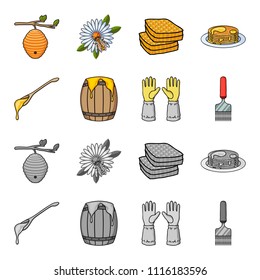 A spoon of honey, protective gloves, a barrel of honey, a fork.Apiary set collection icons in cartoon,monochrome style vector symbol stock illustration web.