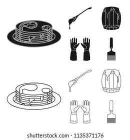 A spoon of honey, protective gloves, a barrel of honey, a fork.Apiary set collection icons in black,outline style vector symbol stock illustration web.