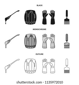A spoon of honey, protective gloves, a barrel of honey, a fork.Apiary set collection icons in black,monochrome,outline style vector symbol stock illustration web.