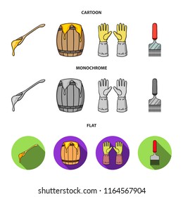 A spoon of honey, protective gloves, a barrel of honey, a fork.Apiary set collection icons in cartoon,flat,monochrome style vector symbol stock illustration web.