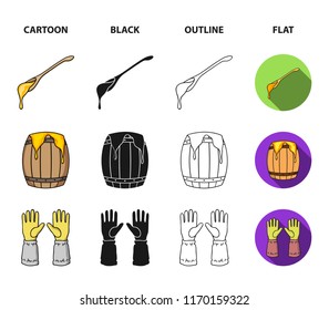 A spoon of honey, protective gloves, a barrel of honey, a fork.Apiary set collection icons in cartoon,black,outline,flat style vector symbol stock illustration web.