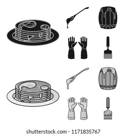 A spoon of honey, protective gloves, a barrel of honey, a fork.Apiary set collection icons in black,monochrome style vector symbol stock illustration web.