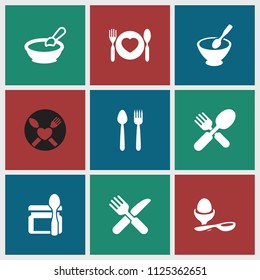 Spoon icon. collection of 9 spoon filled icons such as porridge, boiled egg. editable spoon icons for web and mobile.