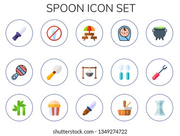 spoon icon set. 15 flat spoon icons.  Simple modern icons about  - knife, rattle, cutlery, scoop, picnic, cooking, baby, cauldron, fork, sugar cane, salty, jigger