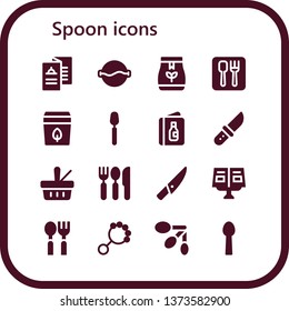 spoon icon set. 16 filled spoon icons.  Collection Of - Menu, Soup, Tea bag, Restaurant, Spoon, Knife, Picnic, Cutlery, Recipe book, Rattle, Spoons