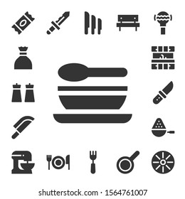 spoon icon set. 17 filled spoon icons.  Collection Of - Sugar, Salt, Soup, Knife, Kitchen, Spoon, Beater, Fork, Knives, Picnic, Pan, Rattle icons
