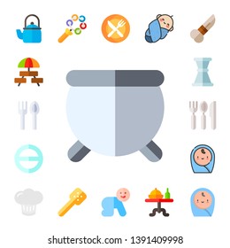 spoon icon set. 17 flat spoon icons.  Collection Of - kettle, picnic, cutlery, cauldron, salt, jigger, baby, chef, rattle, slotted spoon, restaurant, dinner table, knife