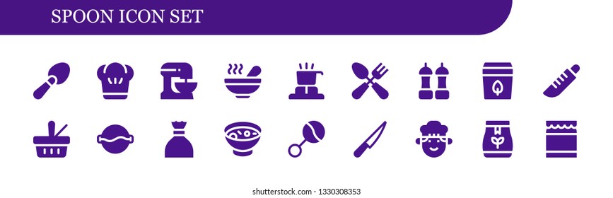 spoon icon set. 18 filled spoon icons.  Collection Of - Scoop, Chef, Beater, Soup, Cooker, Cutlery, Salt, Tea bag, Knife, Picnic, Sugar, Rattle, Honey